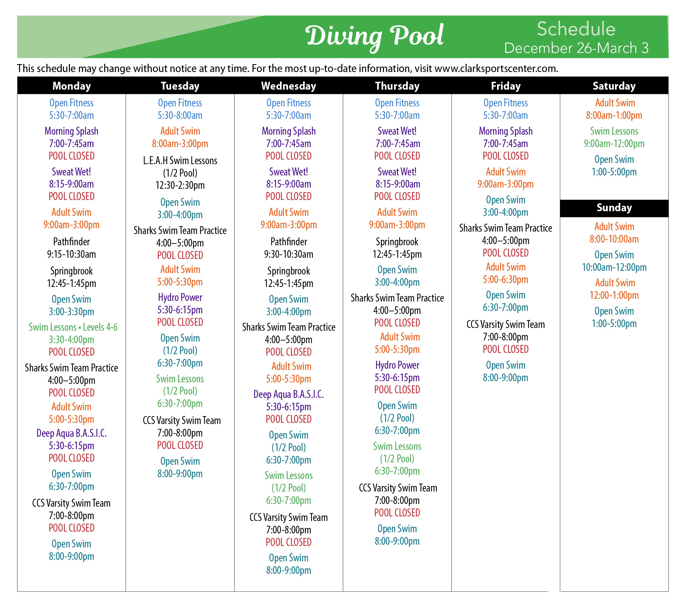 memorial pool schedule