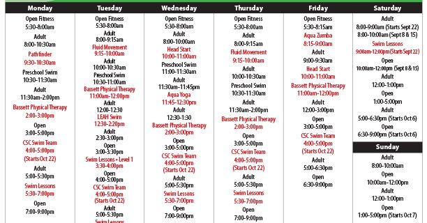 Teaching Pool Schedule Oct 2018 | The Clark Sports Center