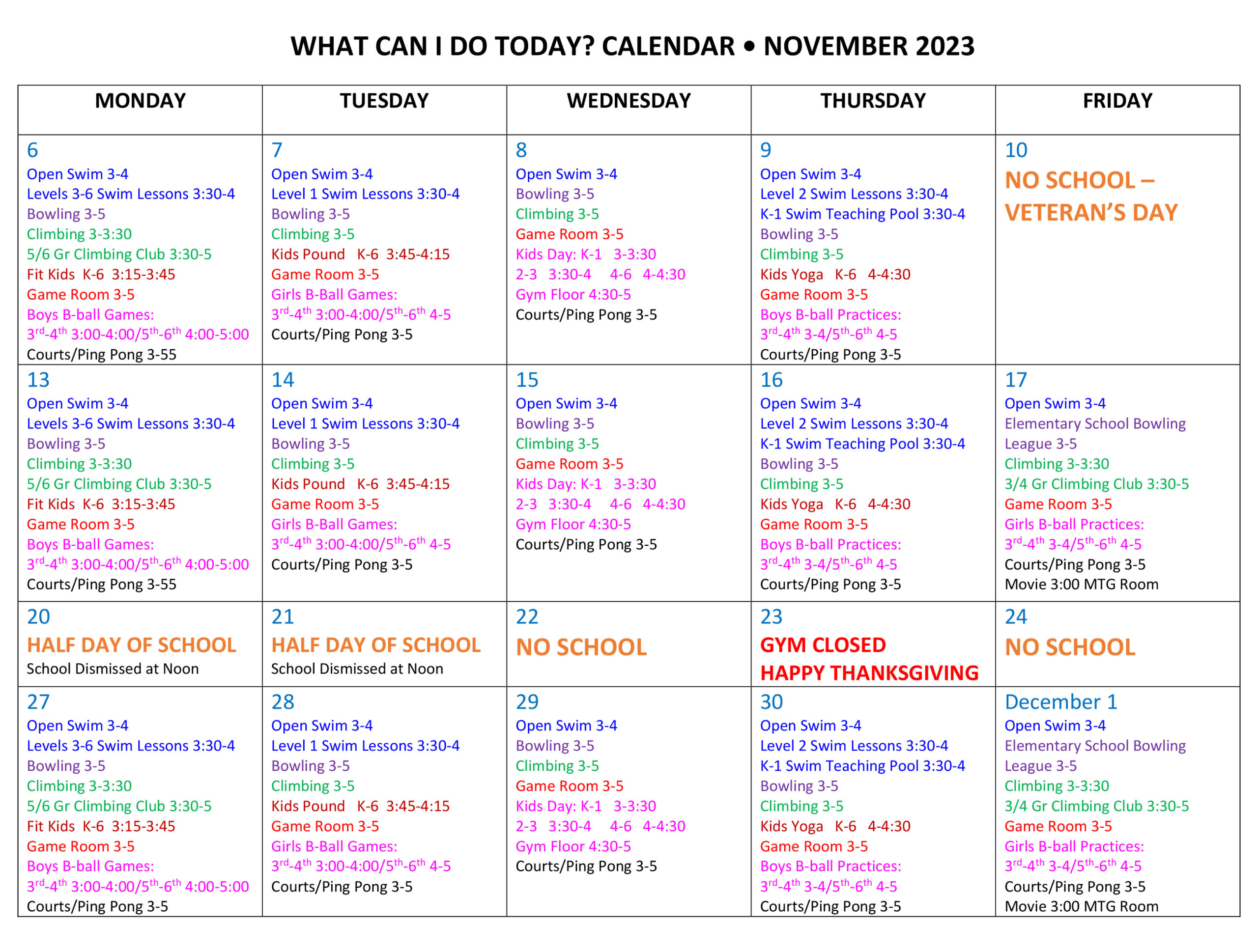 After School Calendar | The Clark Sports Center